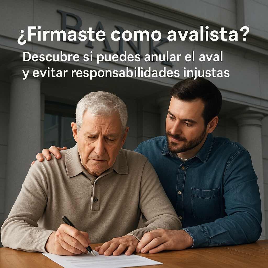 Hombre mayor firmando un documento con expresión de duda, acompañado por un familiar que lo apoya, frente a un banco. Texto sobre la posibilidad de anular el aval.