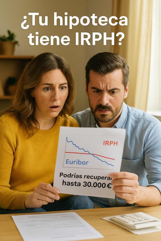 Pareja sorprendida mirando un documento con gráfico IRPH vs Euríbor que muestra la posibilidad de recuperar hasta 30.000 €.