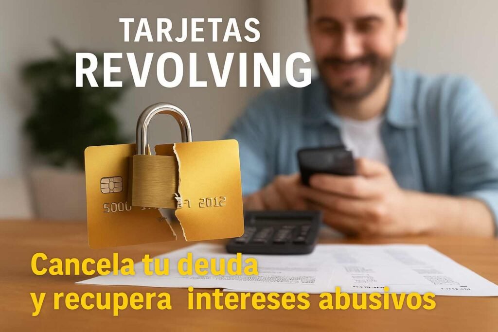 Tarjeta de crédito revolving partida y bloqueada con candado sobre documentos financieros, con mensaje que invita a cancelar la deuda y reclamar intereses abusivos.